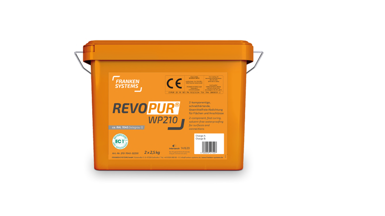 REVOPUR® WP210, orangefarbener Kanister mit Flüssigkunststoff von Franken Systems GmbH. | © FRANKEN SYSTEMS GmbH